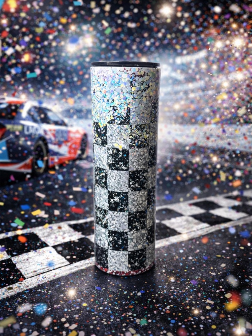 Silver & Black Checkered Insulated Water Bottle - Slim Tumbler